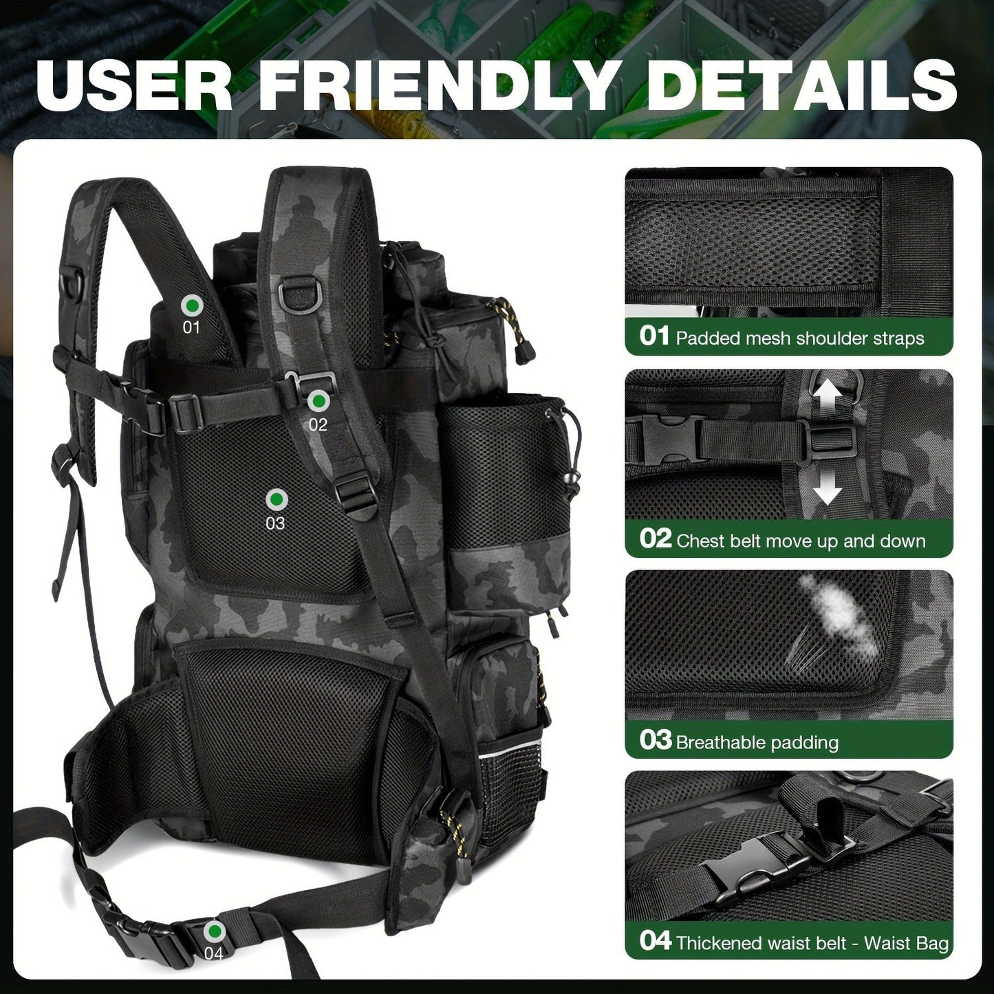 Large Fishing Tackle Bag with 4 Tackle Boxes – 43L Backpack with Rod Holder, Detachable Waist Pack & Gear Storage for Men Women | Black