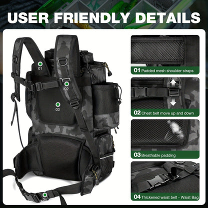 Large Fishing Tackle Bag with 4 Tackle Boxes – 43L Backpack with Rod Holder, Detachable Waist Pack & Gear Storage for Men Women | Black