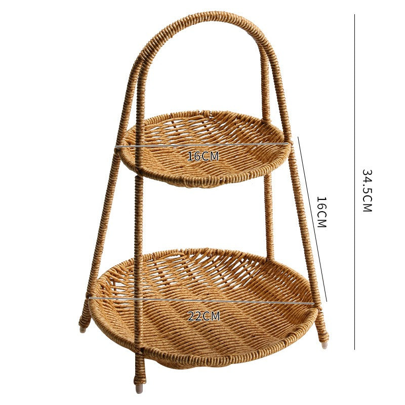 Round Tiered Serving Tray with Woven-Look Frame in Single- or Two-Layer Light Coffee Configurations