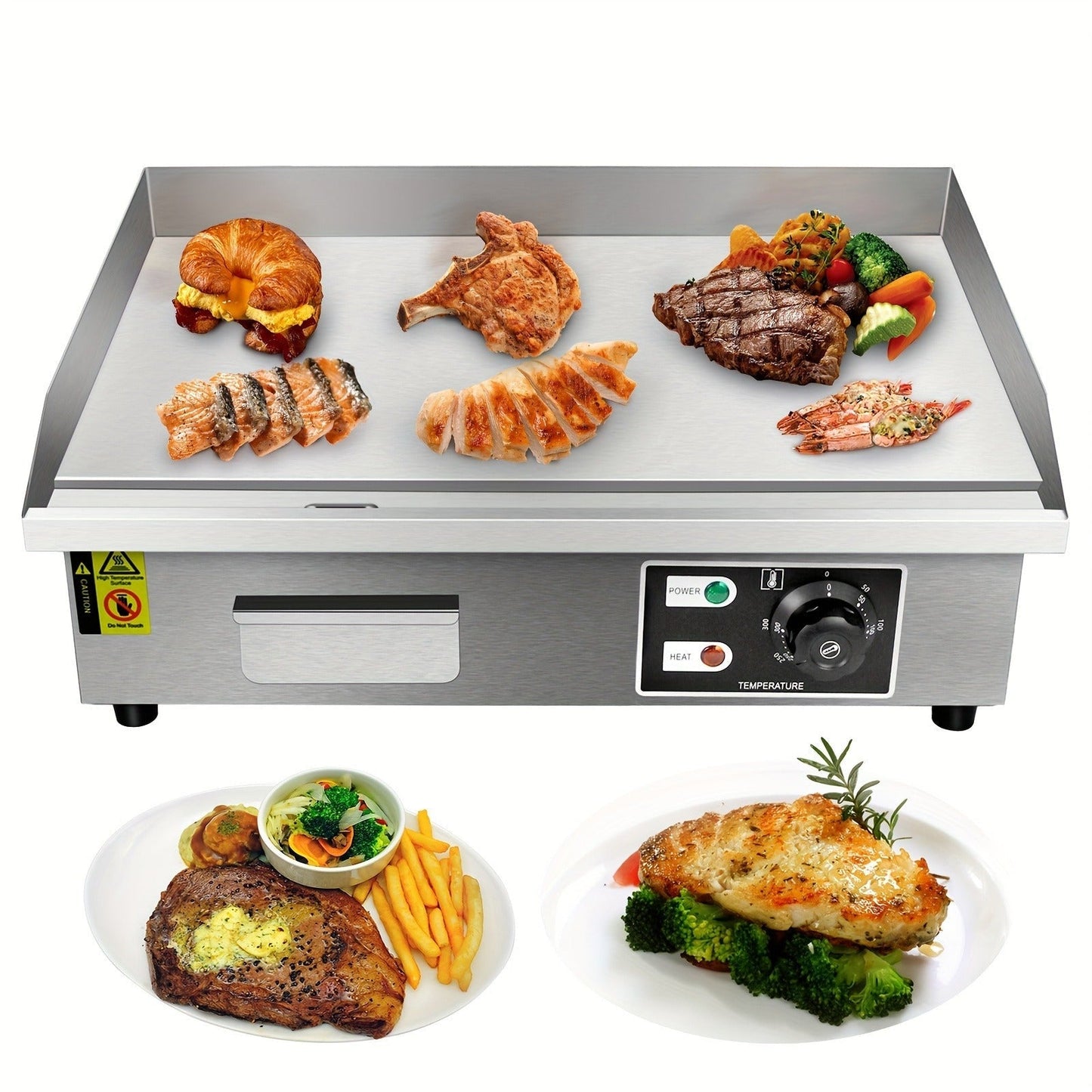 Flat Top Griddle 22 Inch 1600W Electric Countertop Teppanyaki Grill Non-Stick Stainless Steel Commercial for Garden, Patio and Yard Use