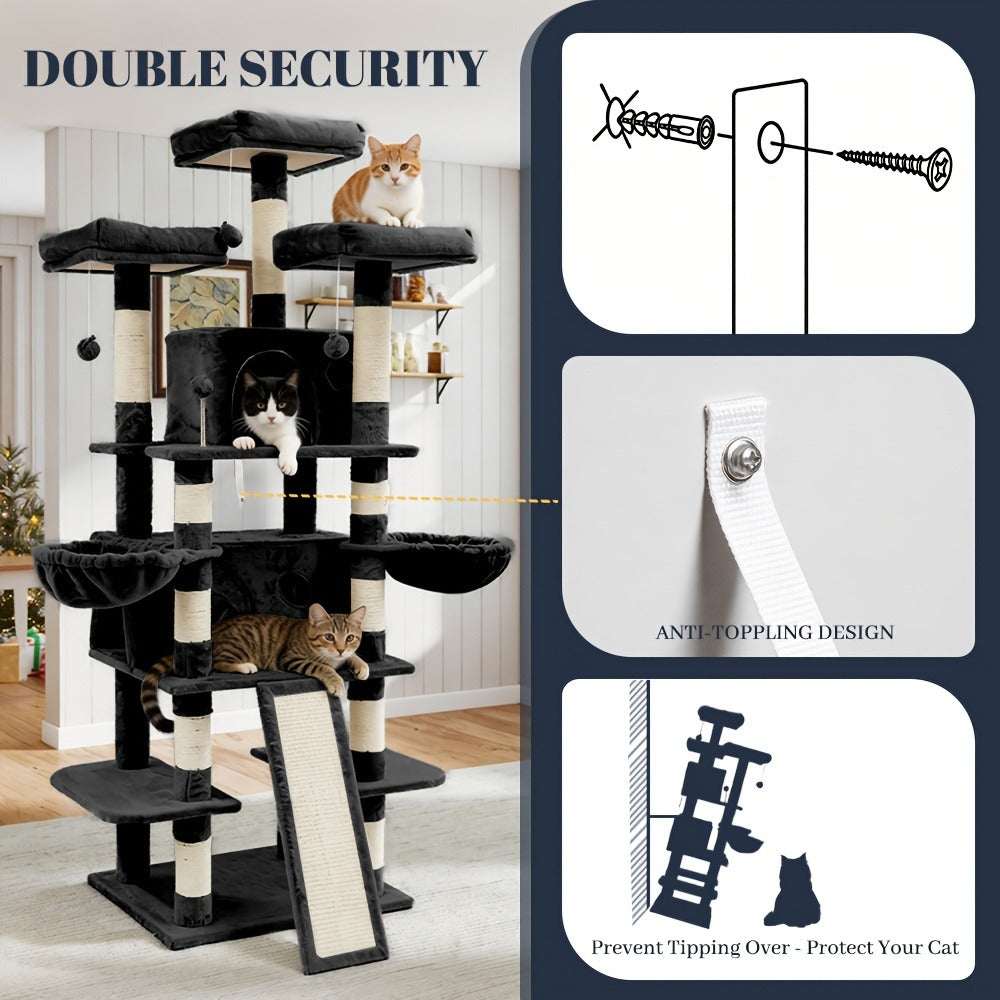 Large Multi-Level Cat Tower with Two Condos, Three Perches, Hammocks and Six Gray, Beige or Taupe Configurations
