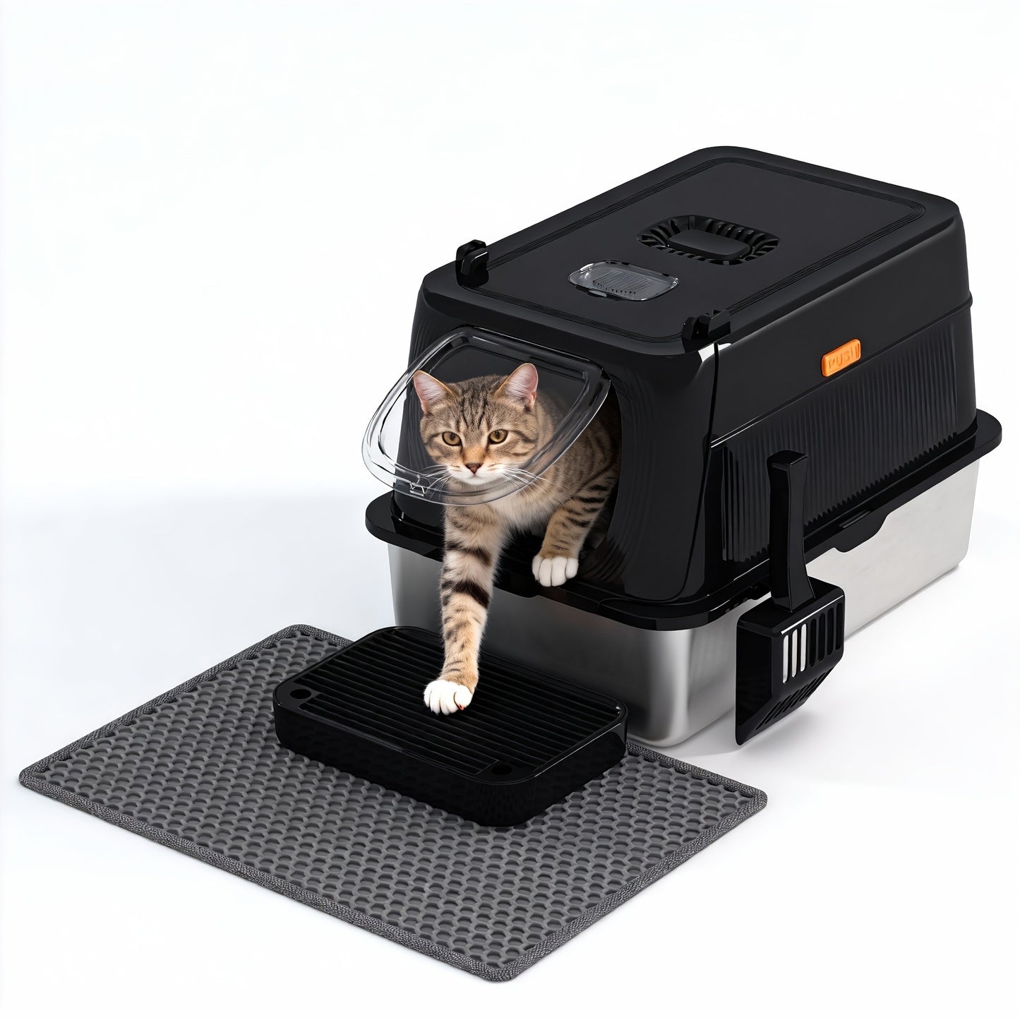 Extra Large Enclosed Cat Litter Box – Stainless Steel with Front Flap Door, Foldable Anti-Splash Fully Covered Design
