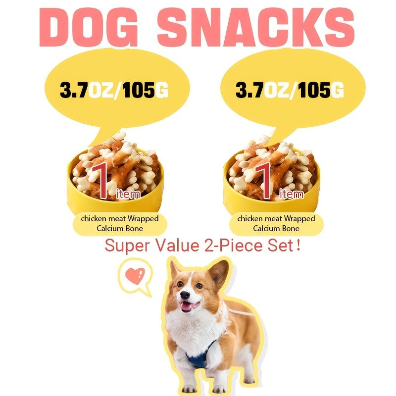 Dog Treats Chicken or Duck Wrapped Bone-Shaped Biscuits in Two-Pack Flavor Options for Reward Use
