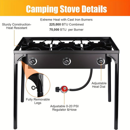 Outdoor Propane Burner Stand with One- or Three-Burner Layout, Removable Legs and 0–20 PSI Regulator Hose