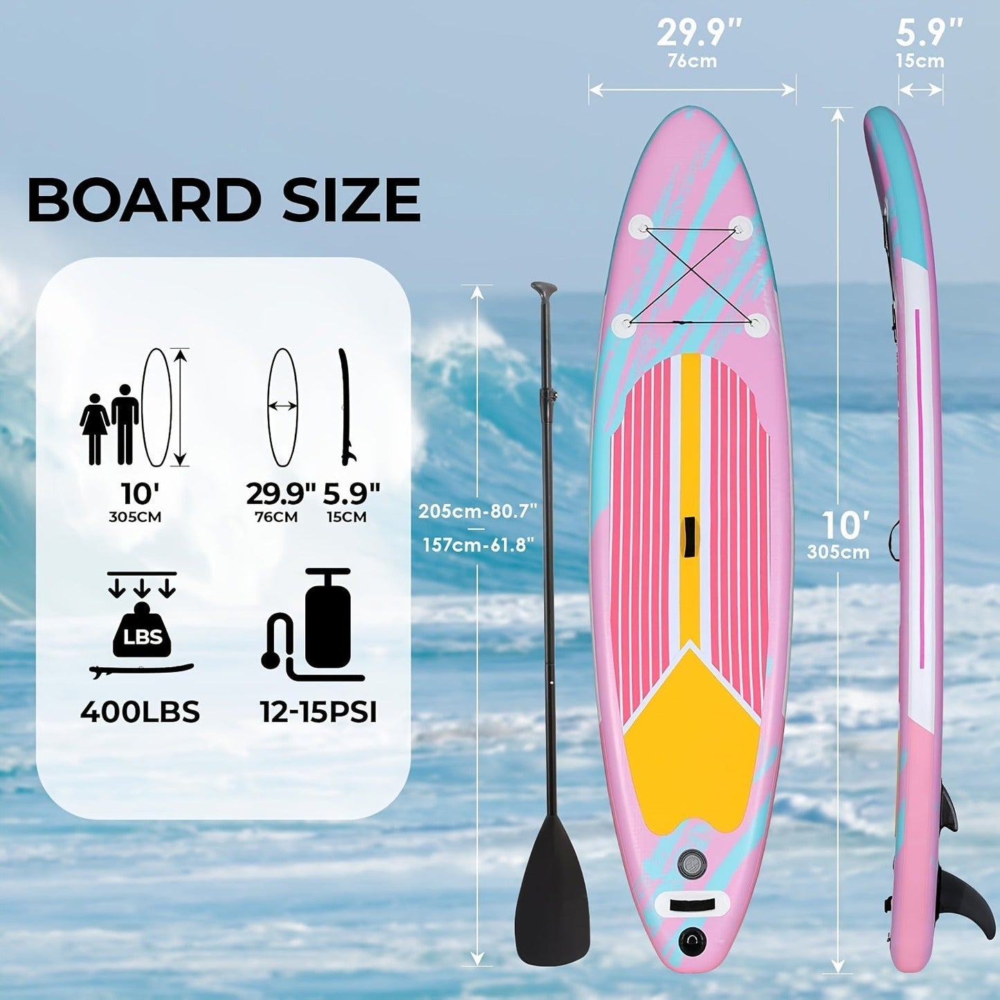 Stand Up Paddle Board 10ft 350lbs Inflatable SUP 3 Fins EVA Non-Slip Deck 12-15PSI Alloy Paddle Hand Pump Repair Kit Carrying Bag