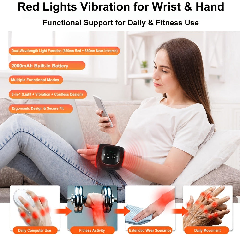 Wearable Red and Near-Infrared Wrist Wrap with 660nm and 850nm LEDs, Vibration Modes and Adjustable Strap