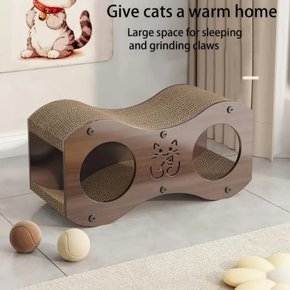 Cat Scratching Post with Integrated Cat Bed – Sturdy Walnut Wood Base, 4-Season Woven Scratch Pad, Indoor Cat Scratcher Lounge