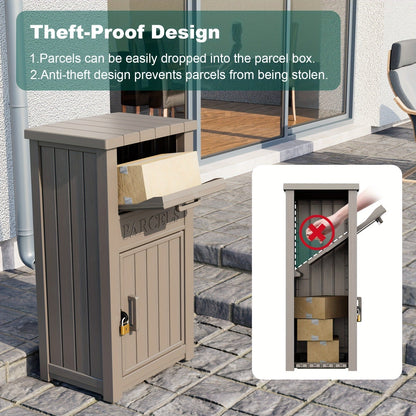 Tall Light-Brown Parcel Outdoor Storage Box with Drop Compartment, Front Door and Lock Hardware