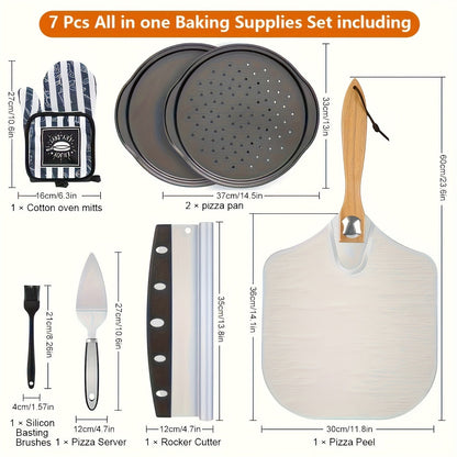 Pizza Stone Set 7-Piece with Tools – Cordierite Baking Stone with Stainless Steel Peel Cutter Brush & Heat-Resistant Gloves | Crispy Crust