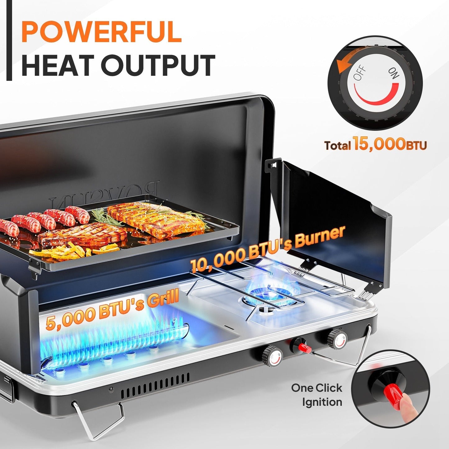 Portable Propane Griddle and Burner Camping Stove with Four Color Labels and 23.23-Inch Closed Width