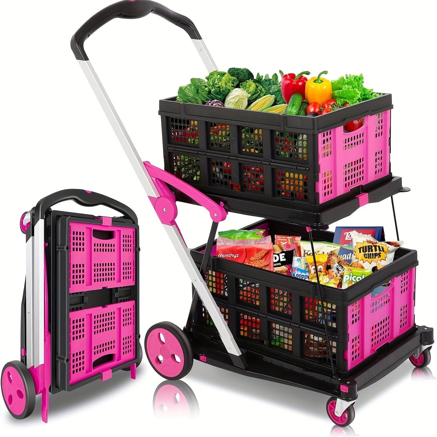 Collapsible Utility Cart Foldable Shopping Trolley 4-Wheel 360° Swivel Locking Brake Portable Dolly for Grocery Mall Camping Pink Purple