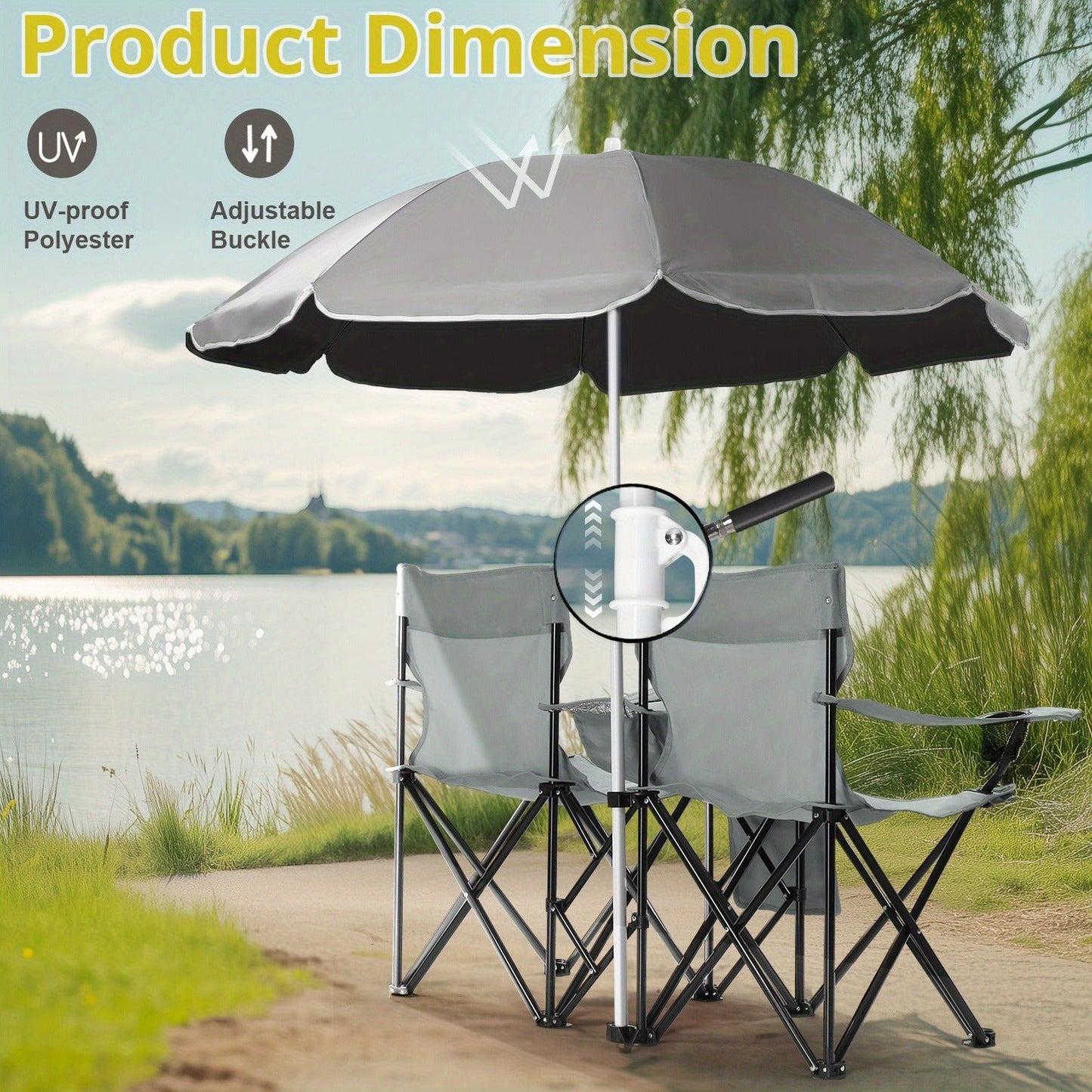 Folding Fishing Chair with Sun Umbrella – 2-Seat Portable Outdoor Chair, Iron Alloy Frame & Oxford Fabric, Built-In Storage Bag & Carry Bag