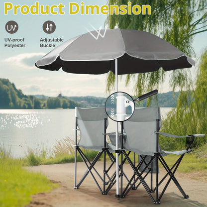 Folding Fishing Chair with Sun Umbrella – 2-Seat Portable Outdoor Chair, Iron Alloy Frame & Oxford Fabric, Built-In Storage Bag & Carry Bag