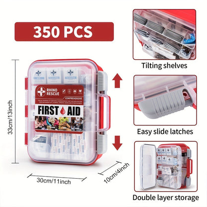 350-Piece First Aid Supply Kit in Clear Double-Layer Hard Case with Red Handle and Tilting Trays