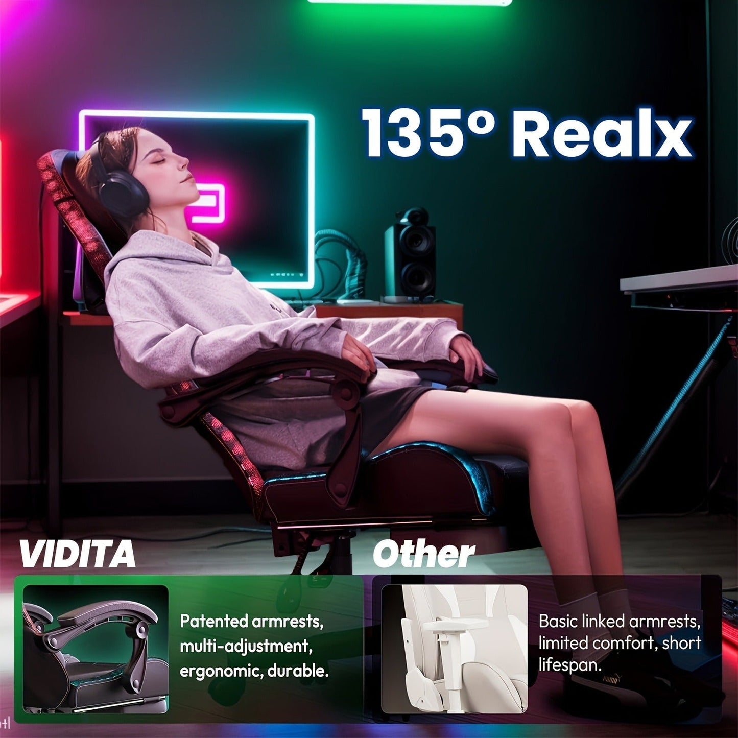 RGB Gaming Chair with LED Lights Footrest Ergonomic Gaming Chair with Massage Lumbar Support Reclining Video Game Chair for Adults Home