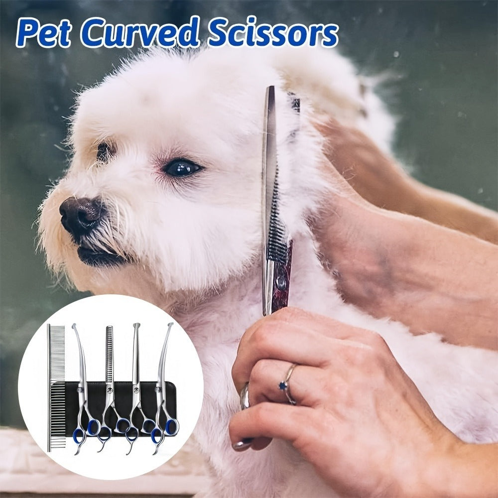 Dog Grooming Scissors Set 7-in-1 Professional Ceramic Coated Stainless Steel Safety Round Tip Straight Thinning Curved Scissors Comb Kit