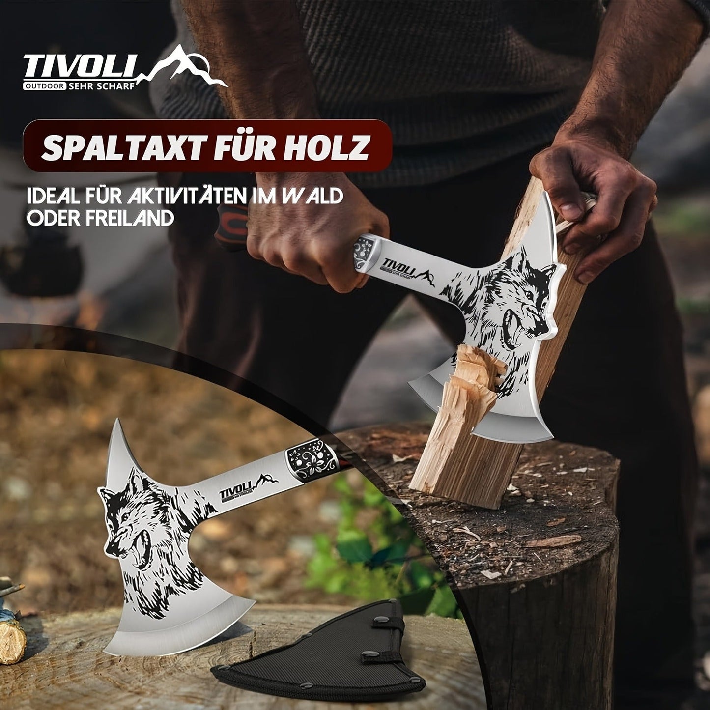 Viking Hatchet High Carbon Steel – Full Tang Camping Axe with Nylon Sheath & Gift Box | Animal Carved Handle for Wood Splitting