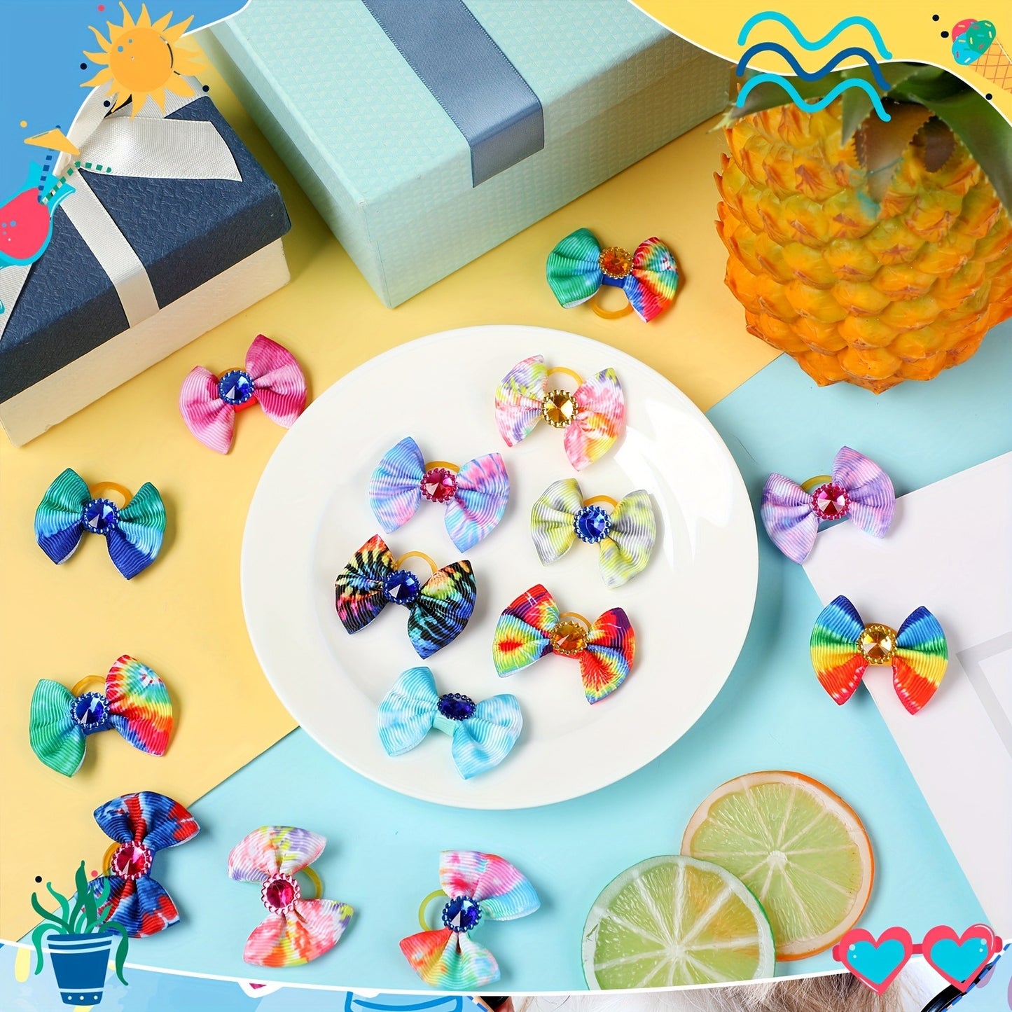 Dog Hair Bows 100 Pack Tie Dye Rhinestone Puppy Grooming Accessories with Rubber Bands – Colorful Spring Dog Topknot Bows for Small Dogs