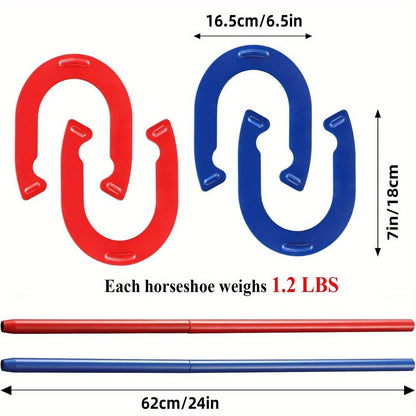 Horseshoes Game Set Heavy Duty – 4 Forged Steel Horse Shoes & 2 Stakes, 1.2lb Each, Red & Blue – Outdoor Lawn Game for Adults & Family