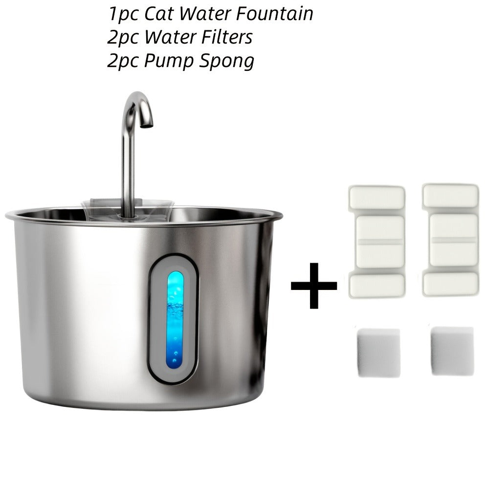 Stainless Steel Cat Water Fountain 74oz – 304 Food-Grade Steel, Ultra-Quiet USB Pump, 3-Stage Filtration, Visible Water Level Window
