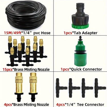 Outdoor Misting Cooling System 15m – 1/4" Brass Nozzles, 4/7mm Hose, Patio Garden Greenhouse