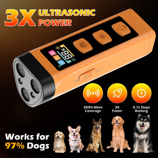 65ft Long-Range Dog Repeller – Triple-Head Ultrasonic Bark Deterrent, Powerful Soundwave Technology, USB Rechargeable Portable Handheld