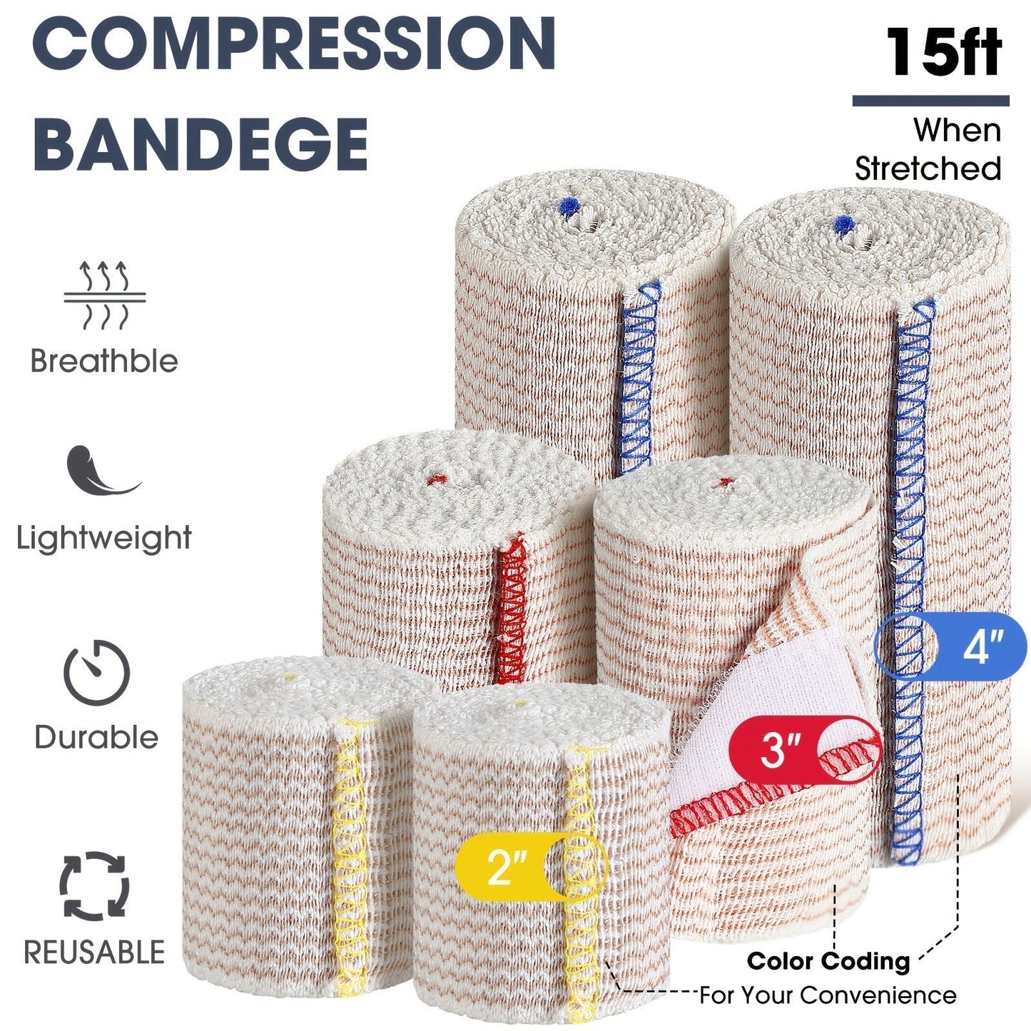 48pcs Elastic Compression Bandage Wrap Set – 2", 3" & 4" Reusable Self-Closure Stretch Bandage Rolls for Sports, Sprains