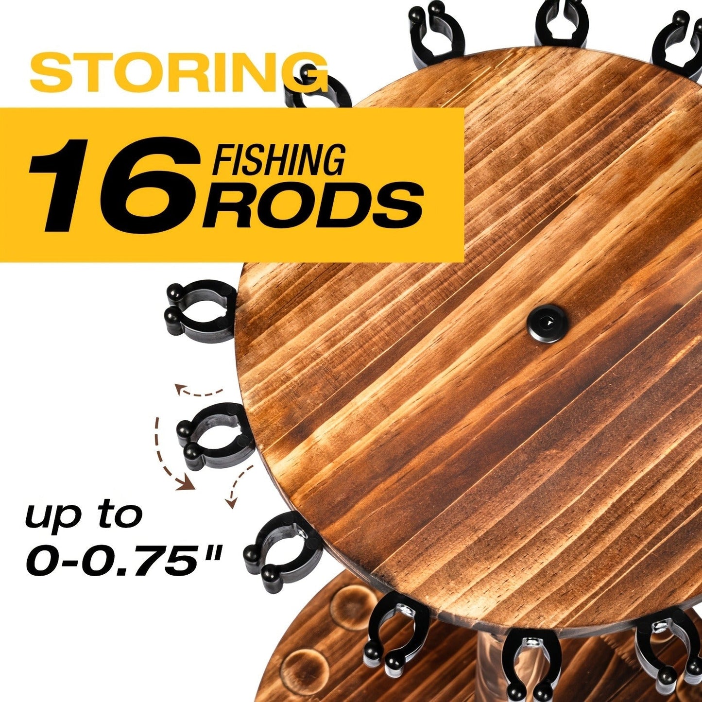 Fishing Rod Rack Holds 16 Rods – Circular Wooden Pole Holder with 360° Rotating Base Option – Space-Saving Wall-Free Fishing Rod Organizer