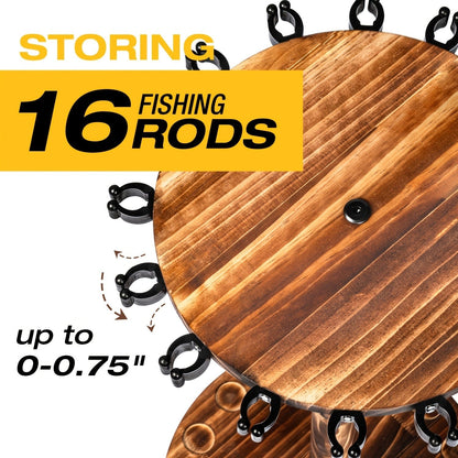 Fishing Rod Rack Holds 16 Rods – Circular Wooden Pole Holder with 360° Rotating Base Option – Space-Saving Wall-Free Fishing Rod Organizer