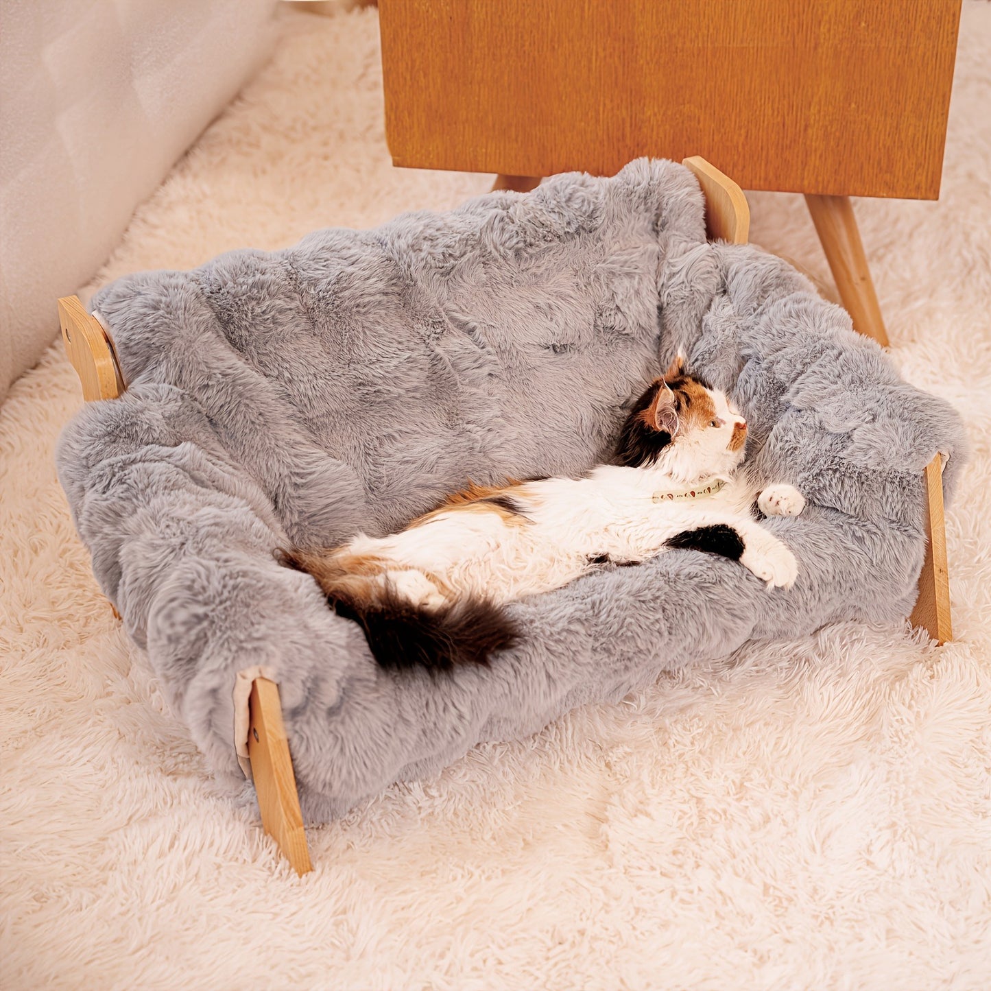 Raised Solid Wood Pet Couch Bed Elevated Modern Cat & Dog Sofa Chair 27x18x12 Inch – Thick Wide Wood Frame Space-Saving Cozy Pet Furniture