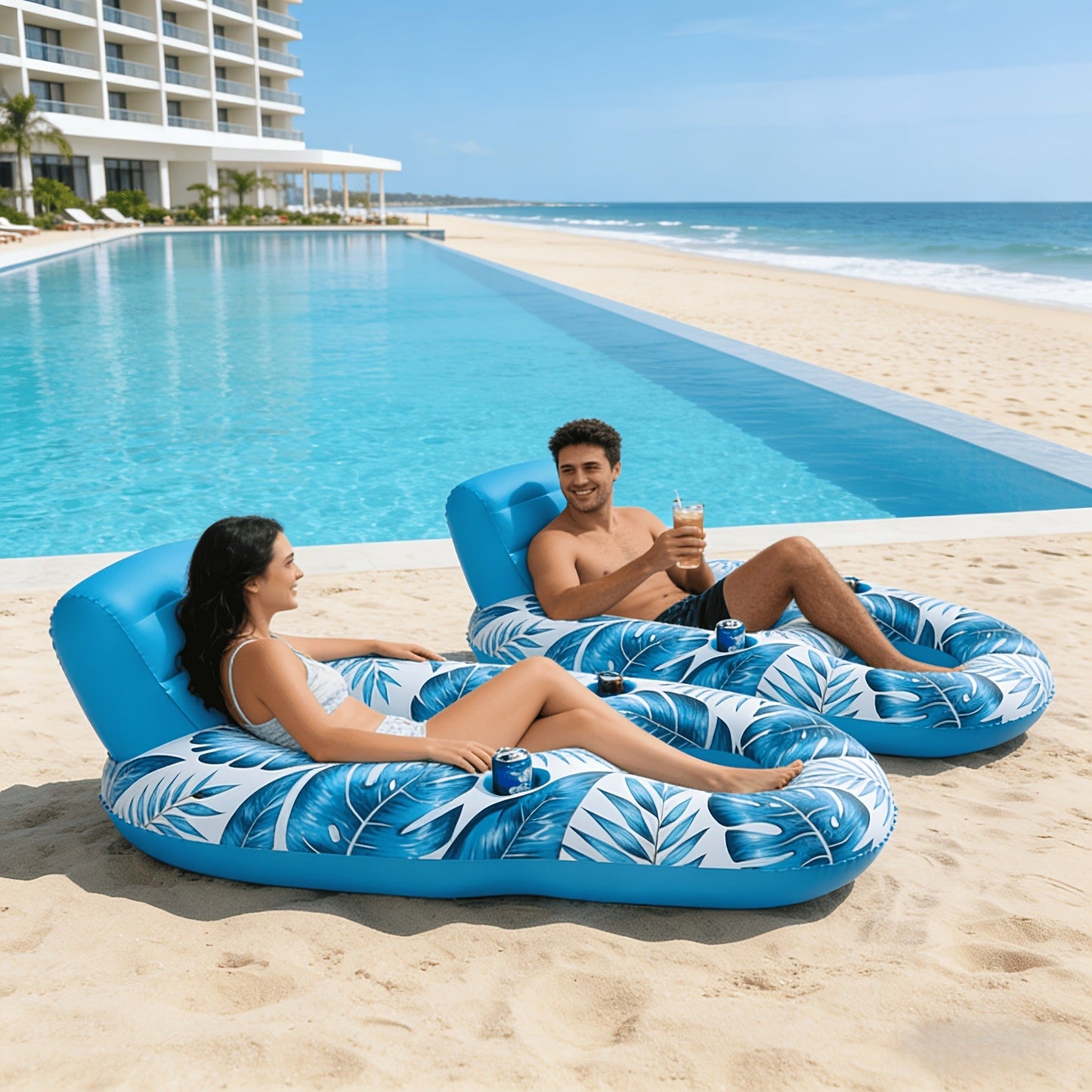 Two-Piece Inflatable Pool Lounge Float Set, 59.1 x 36.2 Inches Each with Backrests and Dual Cup Holders