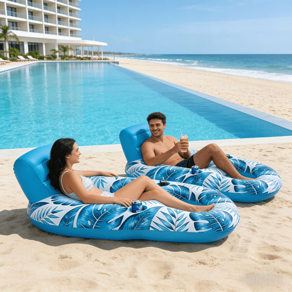 Two-Piece Inflatable Pool Lounge Float Set, 59.1 x 36.2 Inches Each with Backrests and Dual Cup Holders