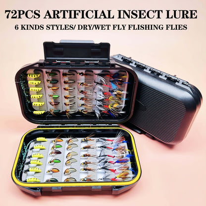 Fly Fishing Lures 72pcs Dry & Wet Flies Assortment with Fly Box – Hand-Tied 6 Patterns for Trout, Bass & Salmon, Biomimetic Bait