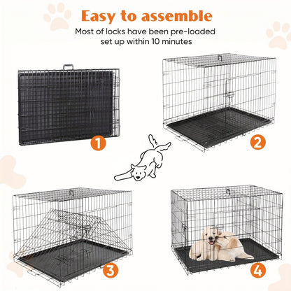 36-Inch Folding Wire Dog Crate with Two Door Accesses, Divider Panel, Removable Tray and Top Handle