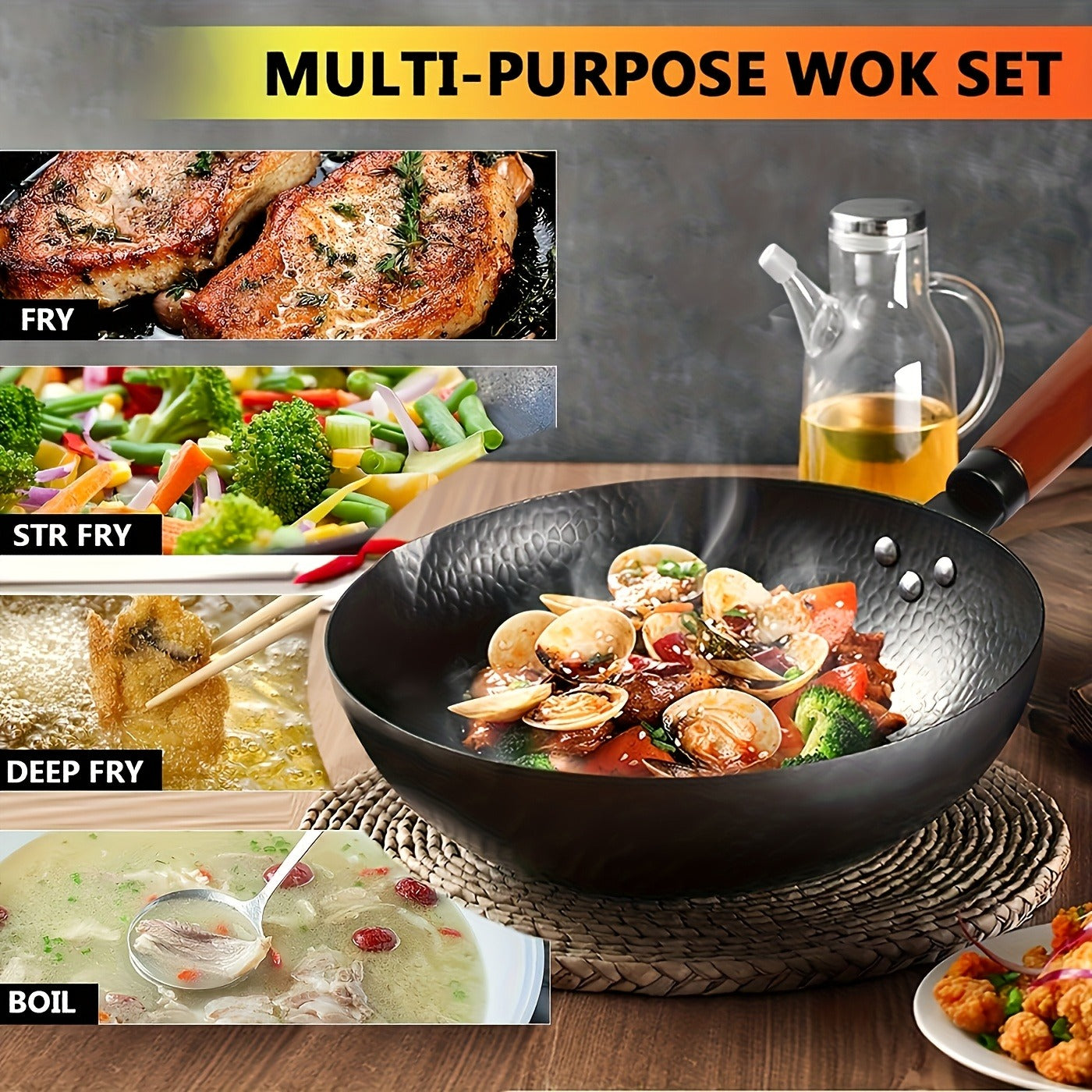 Wok Set Cast Iron 12.6 Inch Nonstick with 13 Accessories, Natural Nonstick No Chemical Coating Stir Fry Pan with Lid & Detachable Handle