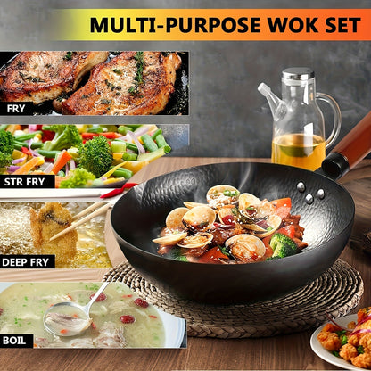 Wok Set Cast Iron 12.6 Inch Nonstick with 13 Accessories, Natural Nonstick No Chemical Coating Stir Fry Pan with Lid & Detachable Handle