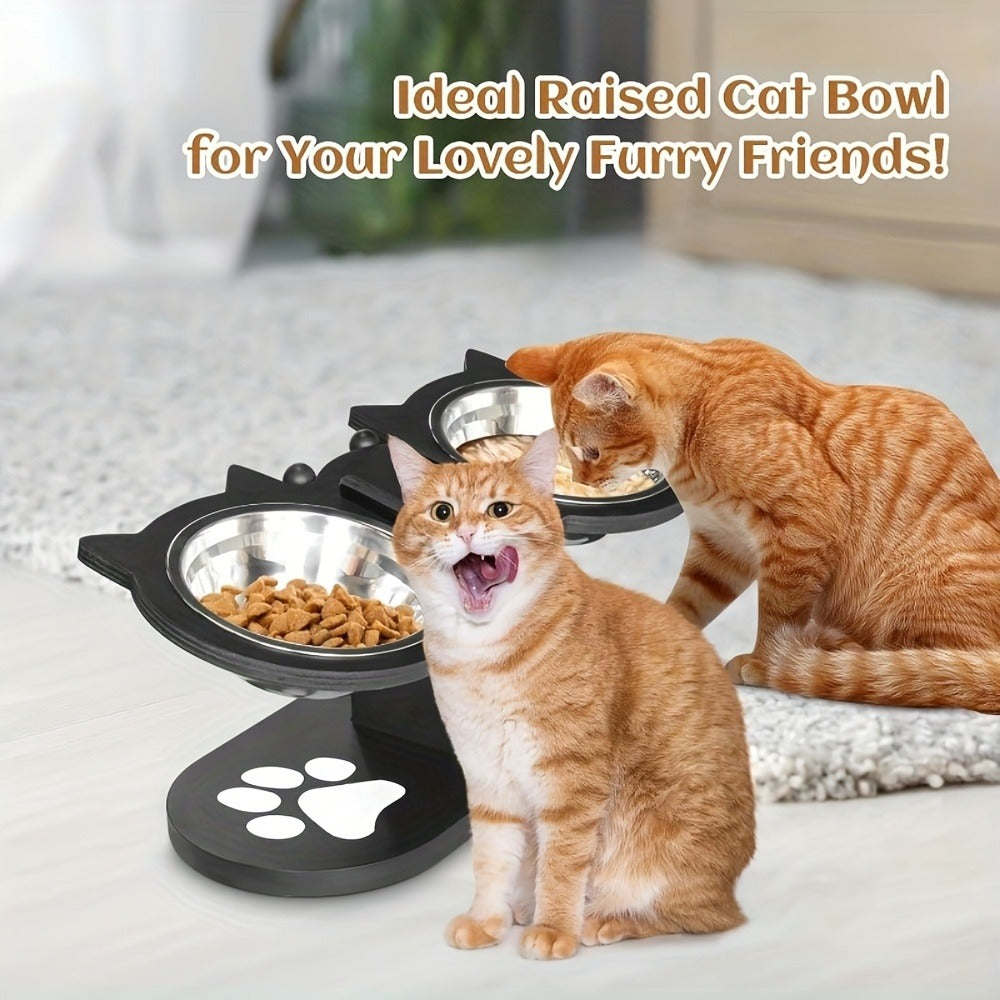 Elevated Cat Bowl Stand with Tilted Stainless Steel Bowls – Adjustable Raised Feeder, Anti-Spill, Black Wood Base for Cats & Small Dogs