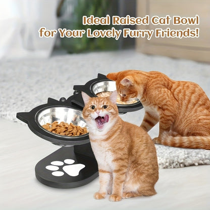Elevated Cat Bowl Stand with Tilted Stainless Steel Bowls – Adjustable Raised Feeder, Anti-Spill, Black Wood Base for Cats & Small Dogs
