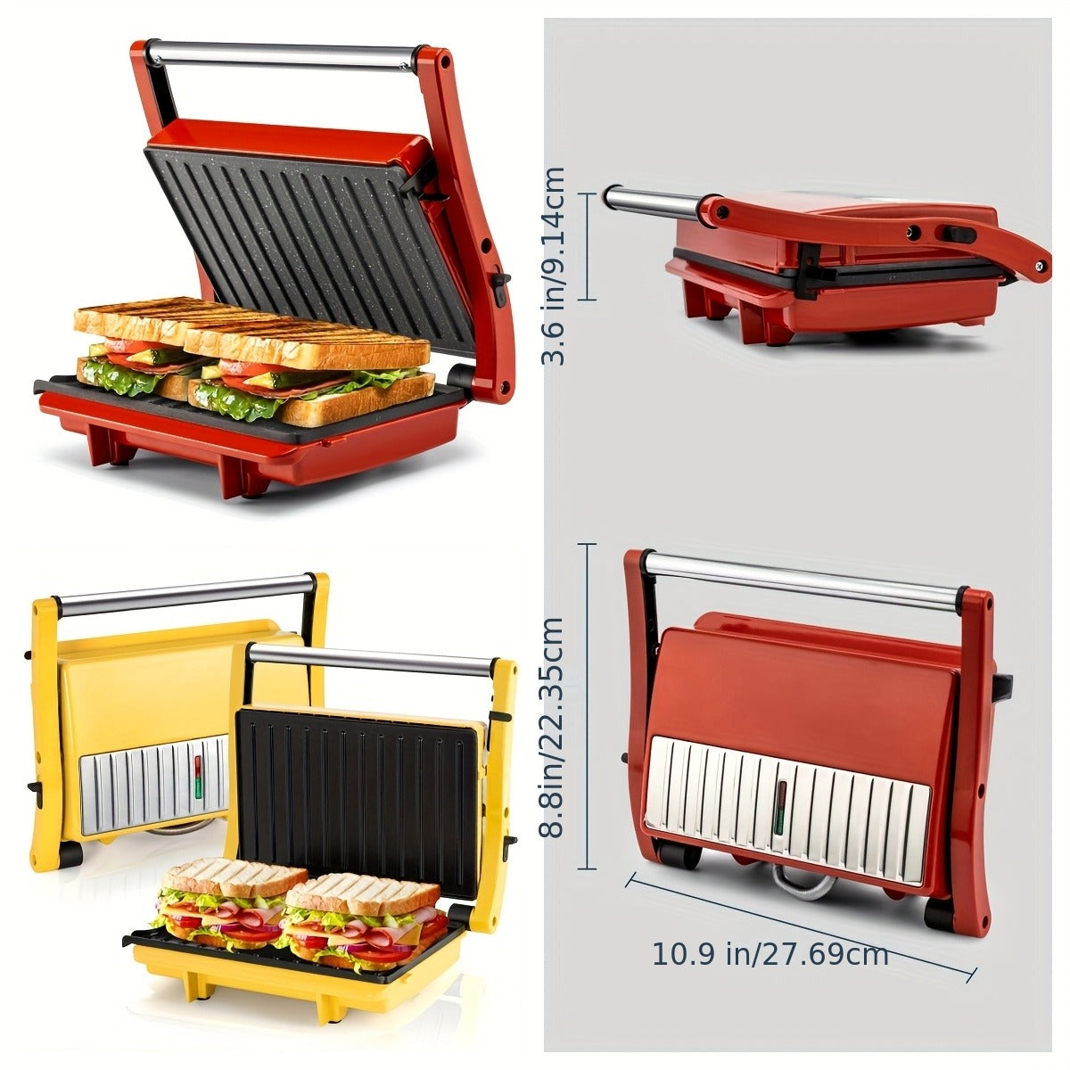 Sandwich Maker 3-in-1 Mini Indoor Grill & Panini Press, Non-Stick 180° Opening, Floating Hinge, 60-Min Timer