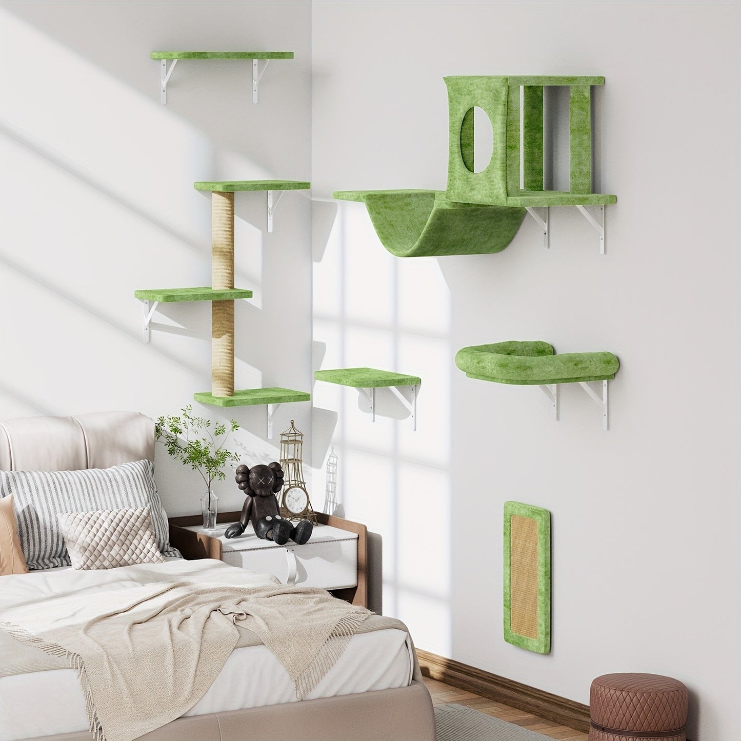 Cat Wall Shelf Climbing Set – 7-Piece Deluxe Wall Mounted Cat Furniture with Condo, Scratching Post, Bridge