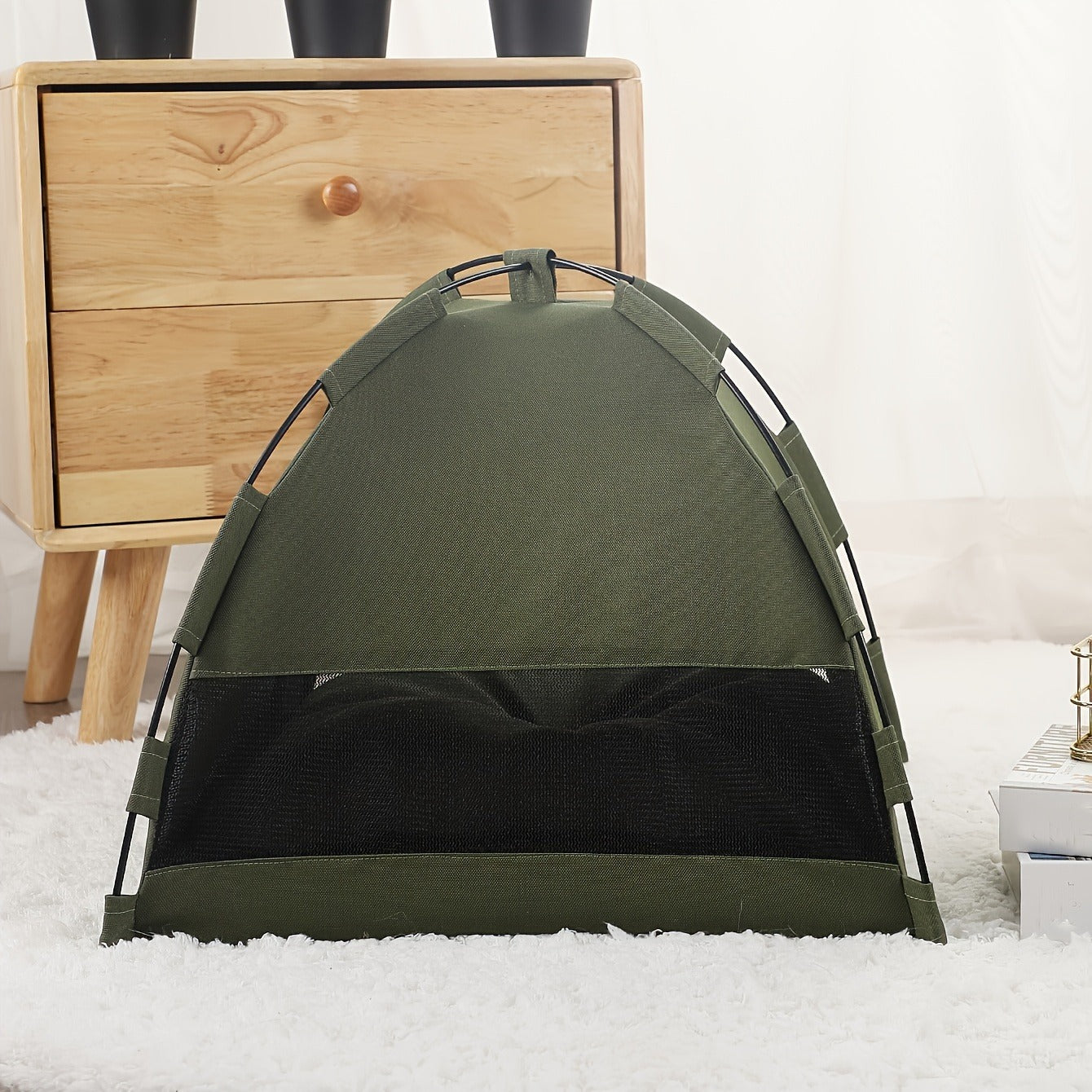 Fern-Green Dome Pet Tent with Folding Fabric Shell, Interior Mat and Three Square Size Options
