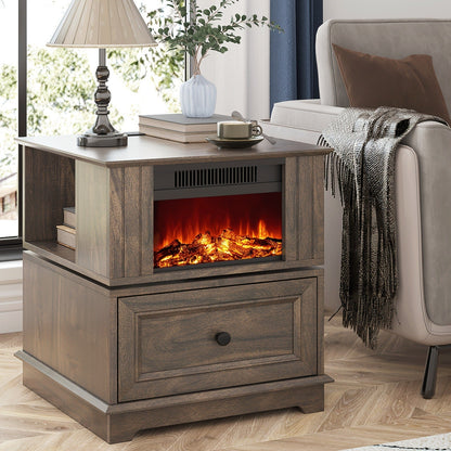 Electric Fireplace End Table Rotating 13-Inch Screen Side Table with Fast Charging Station Storage Shelf for Living Room Bedroom