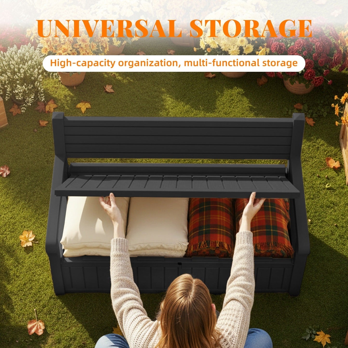 80-Gallon Outdoor Deck Storage Bench with Backrest, Armrests and Hidden Under-Seat Compartment in Two Colors