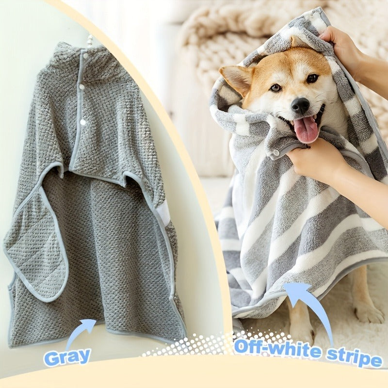 Gray Striped Microfiber Pet Bath Wrap with Adjustable Closure in Small, Medium and Large Sizes