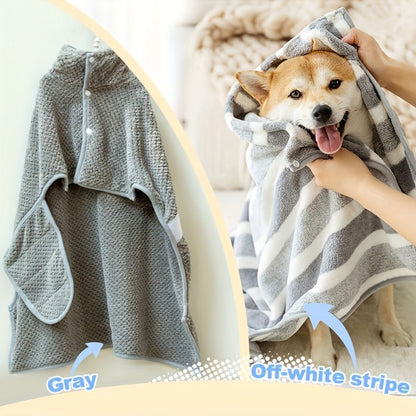 Gray Striped Microfiber Pet Bath Wrap with Adjustable Closure in Small, Medium and Large Sizes