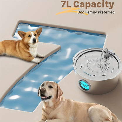 Stainless Steel Pet Water Fountain 1.85 Gal – Smart 304 SS Large Capacity Cat Dog Automatic Water Dispenser, Silent Pump, Filter Chip