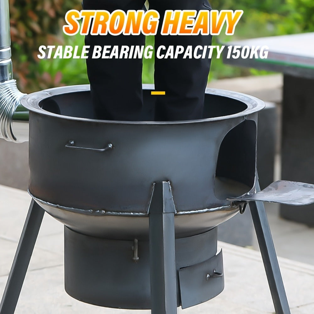 Round Wood-Burning Camp Stove Set with Chimney Pipe, Tripod Legs and 13.78- or 16.93-Inch Diameter Options