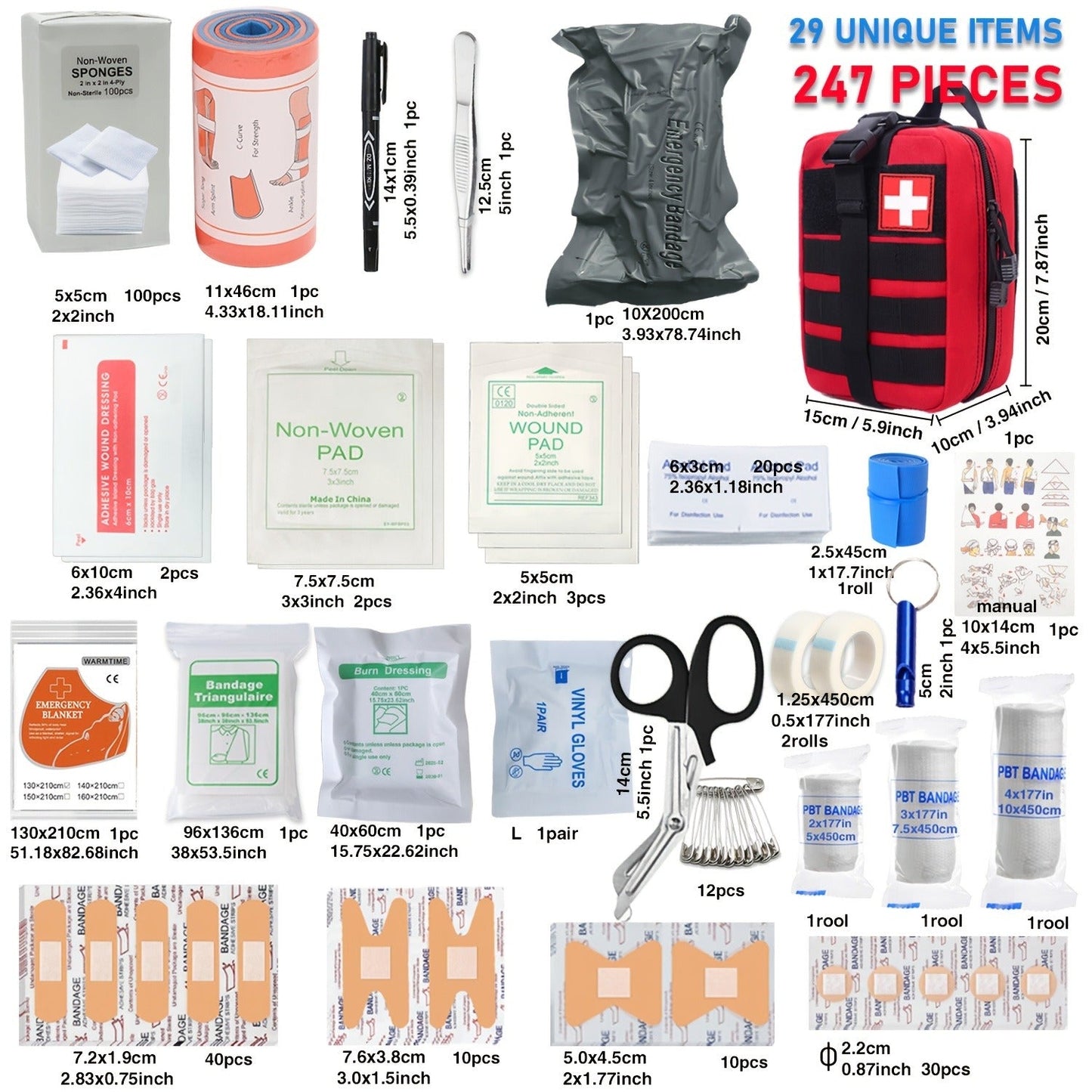 247pcs IFAK Trauma First Aid Kit with CAT Tourniquet and MOLLE Medical Backpack, Fully Stocked Bleeding Control Wound Care Splinting Airway