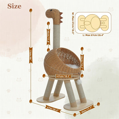 Brown 46-Inch Dinosaur Cat Tree with Woven Pod Bed, Four Sisal-Wrapped Posts and Removable Cushion