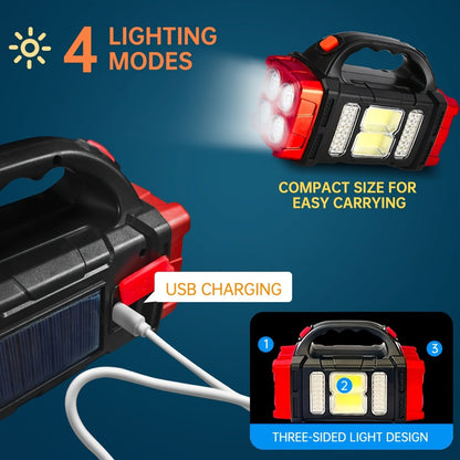 Solar Camping Lantern and Flashlight with COB Side Panels, Front Spotlights, Carry Handle and USB Port